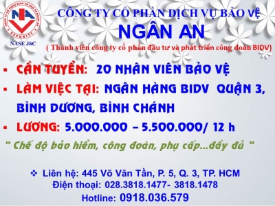 TUYỂN NHÂN VIÊN BẢO VỆ LÀM VIỆC TẠI HỆ THỐNG NGÂN HÀNG 